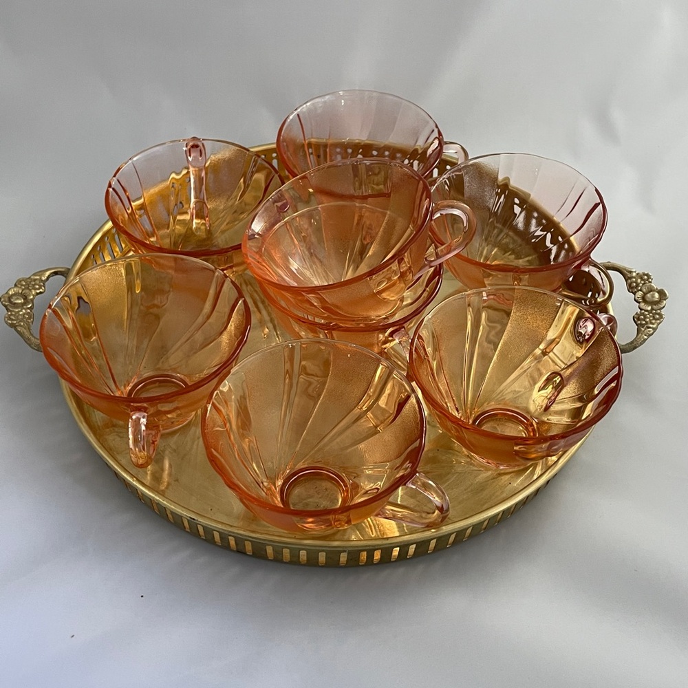 (8) 1980s Vereco Rosaline Pink Swirl Tea Cups France + Free Brass Tray